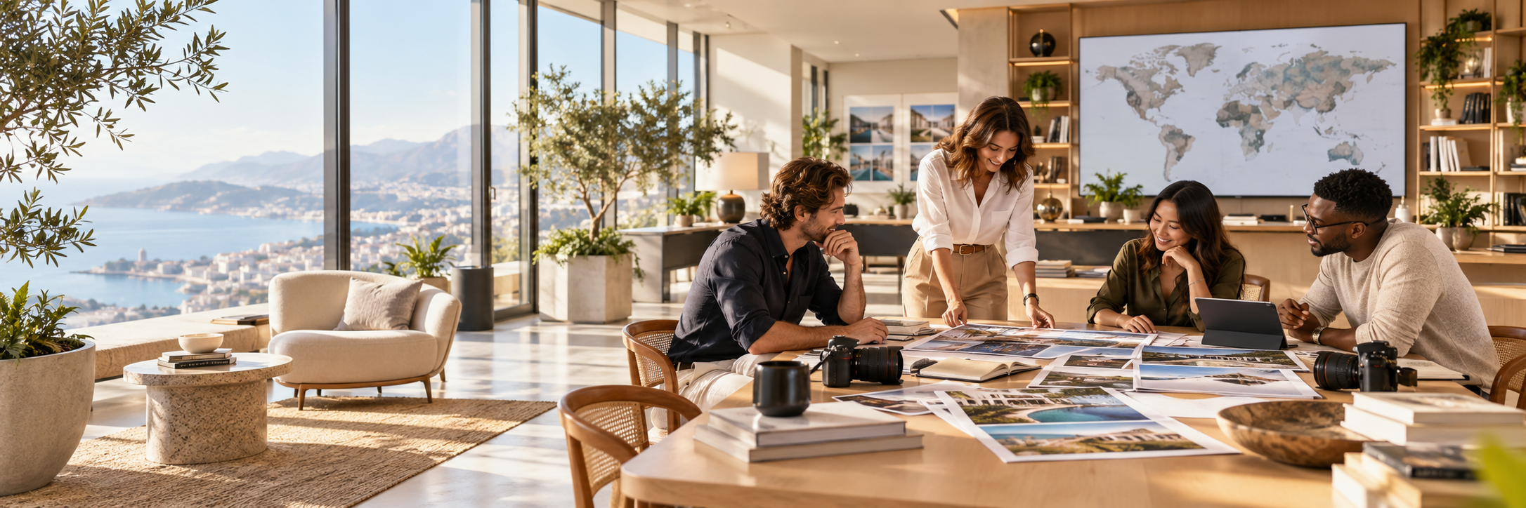 Bright editorial studio with a team collaborating in natural daylight
